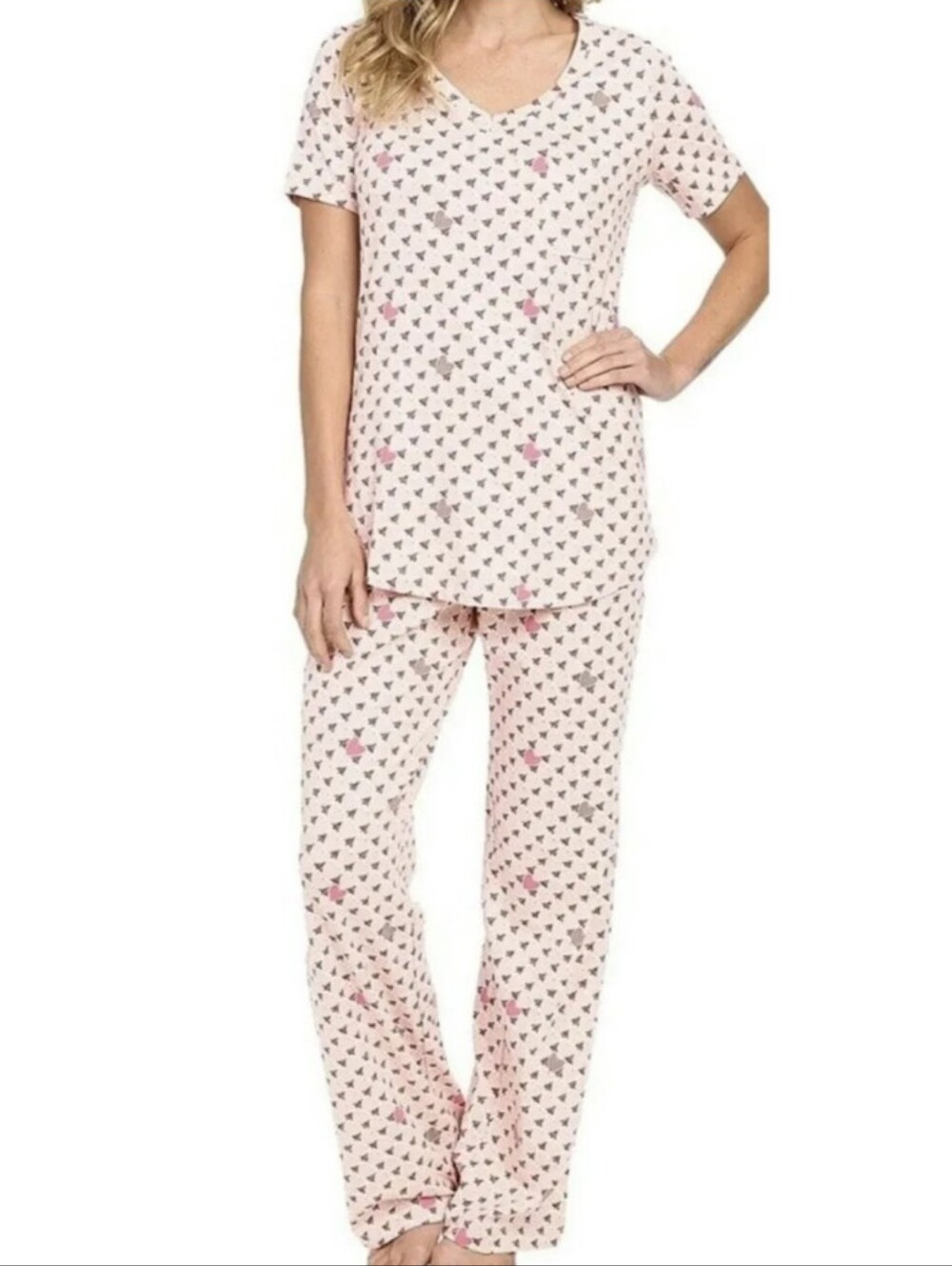 Vera Bradley Heart Print Knit Pajama Set Blush Pink Womens Size M Cozy Sleepwear